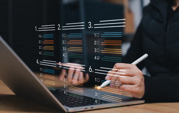 Online exam and survey form concept. person using digital pen to select answers on virtual checklist with checkbox, quiz questions, online test, e-learning assessment, checklist, questionnaire filling