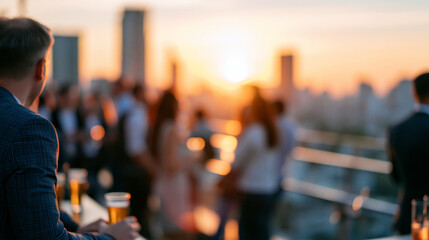 Fototapeta premium Defocused faceless group enjoying sunset at rooftop party with panoramic city view, soft focus golden hour, city backdrop, elevation perspective, blurred figures, with copy space