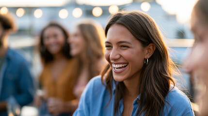 Fototapeta premium Faceless friends laughing while playing charades at rooftop celebration, party game, entertainment activity, laughter moment, interactive fun, with copy space
