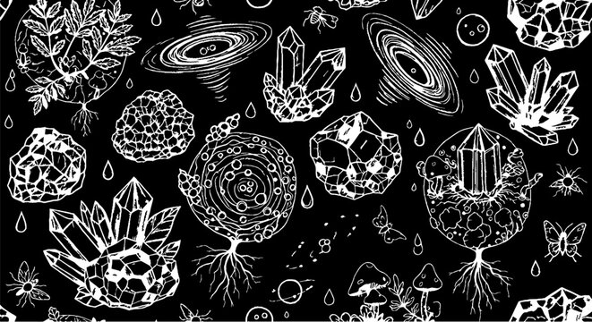 Mystical black and white esoteric crystals and galaxies illustration.