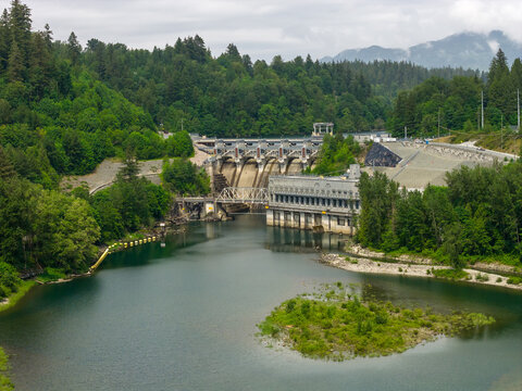 Hydroelectric Dam and Reservoir at Mission BC Canada Surrounded by Forested Mountains and River