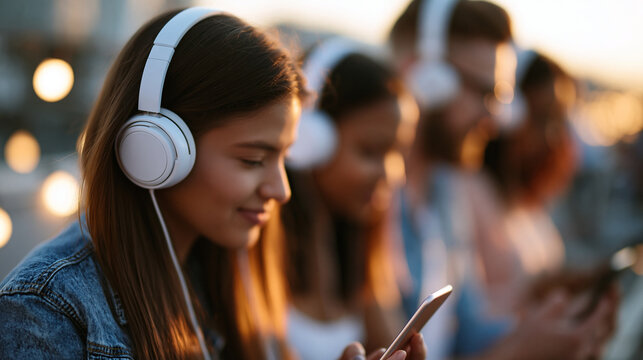 Faceless group of friends creating playlist together for rooftop party entertainment, music curation, entertainment planning, collaborative selection, party preparation, with copy