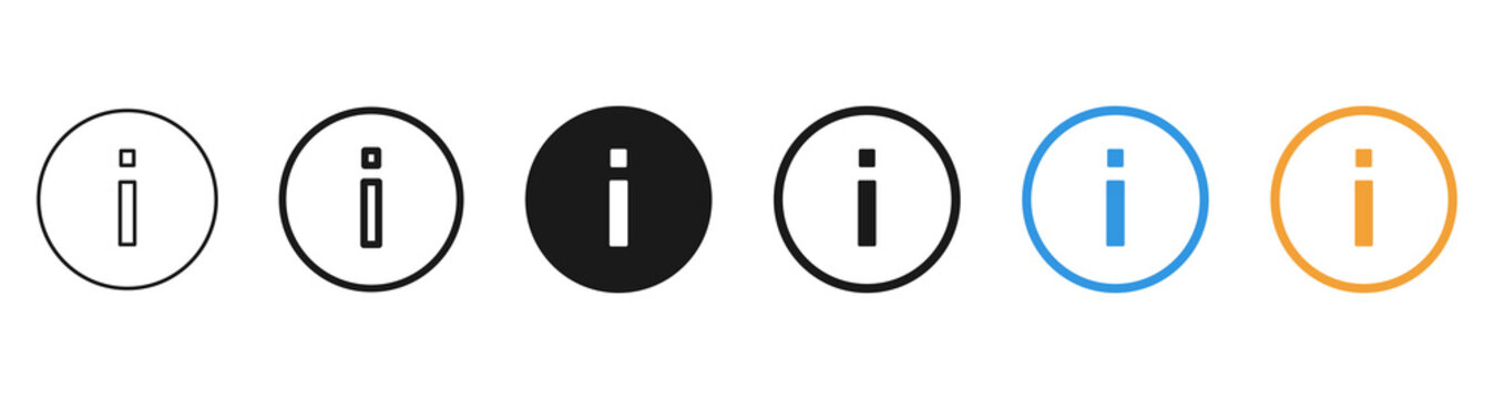 information icons inside circle buttons in outline, solid, blue, orange, and black styles. Ideal for help, tips, notices, documentation, support, FAQ, and web interface concepts.