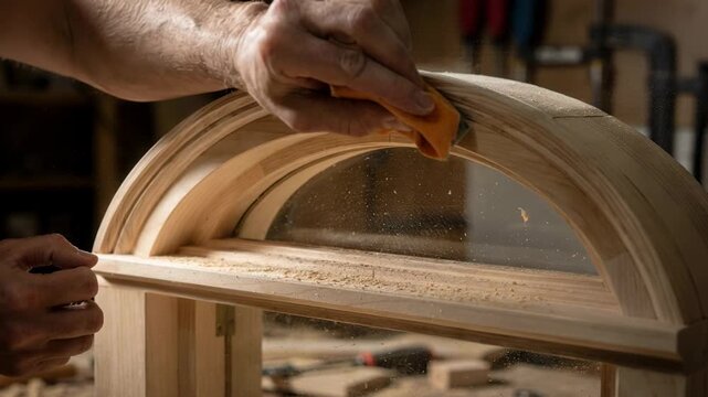 Closeup of eyebrow window construction highlighting delicate arch forming and fine wood sanding to create elegant subtle curved shapes for unique openings.