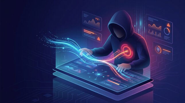 A person wearing a hood interacts with a digital interface displaying analytics and security metrics, highlighting insider threat awareness training