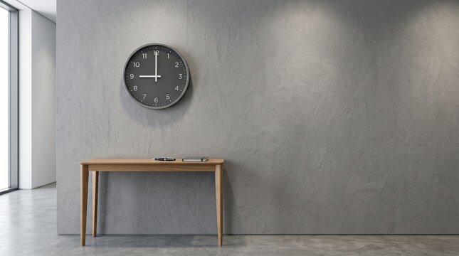 Modern minimalist interior with a wooden console table and a wall clock on a textured gray wall