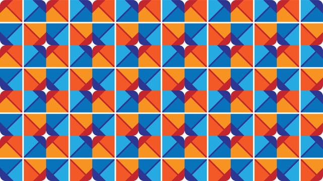 Abstract geometric seamless pattern with vibrant pinwheel and star shapes. Vector colorful pop art background featuring mosaic triangles in blue and orange grid for trendy product packaging.