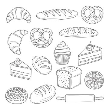 Collection of assorted hand drawn bakery and bread items.