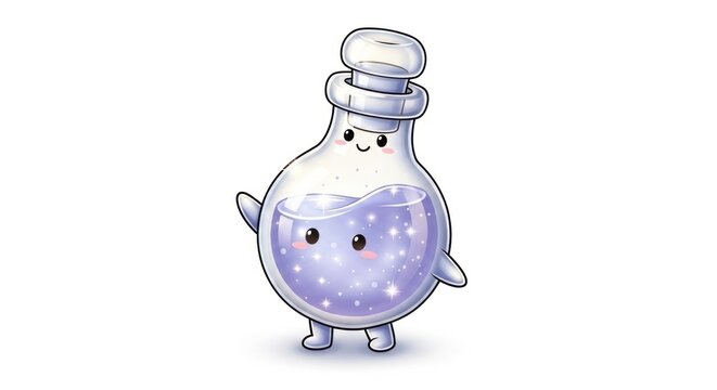 Cartoon potion bottle character with smiling face isolated on white background