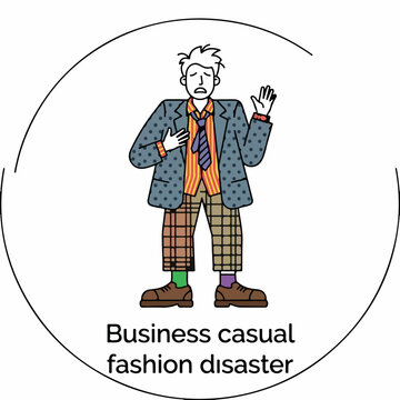 Man wearing mismatched business casual clothing in a flat vector illustration style showing a fashion disaster with clashing patterns and colors