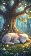 Obraz premium Sleeping lamb resting under ancient tree in mystical forest. Magical woodland scene with glowing fireflies and soft sunlight.
