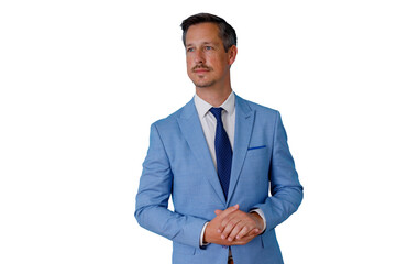Businessman in blue suit with tie, hands folded, looking confidently to the side, transparent...