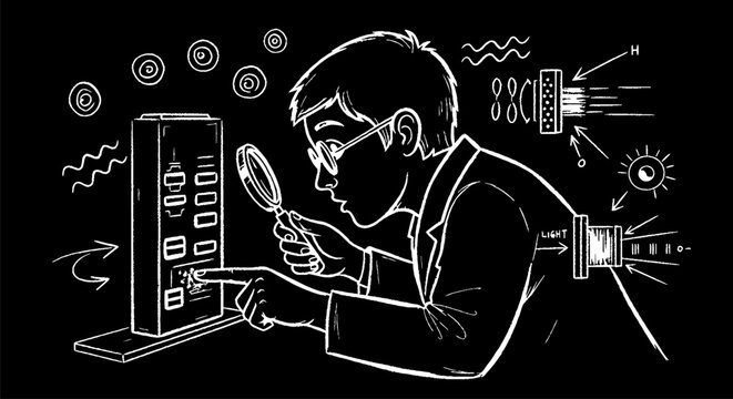 Cartoon scientist examining computer code with magnifying glass.