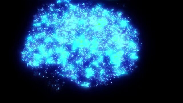 Futuristic energy sphere explosion with glowing blue plasma particles. Abstract dynamic disintegration of electric core with lightning sparks on black background.