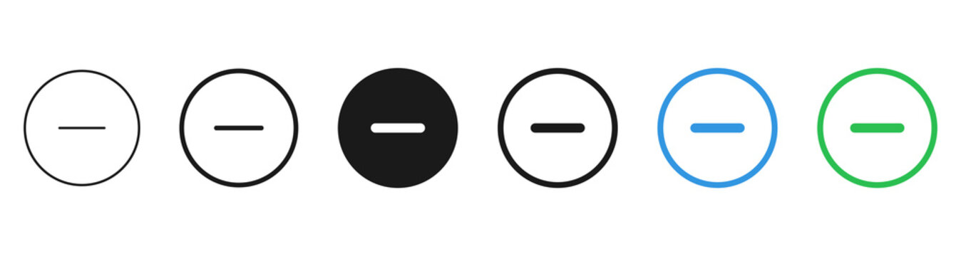 minus and remove icons inside circle buttons in outline, solid, blue, green, and black styles. Ideal for delete, subtract, reduce, decrease, collapse, cancel, app, and web interface concepts.