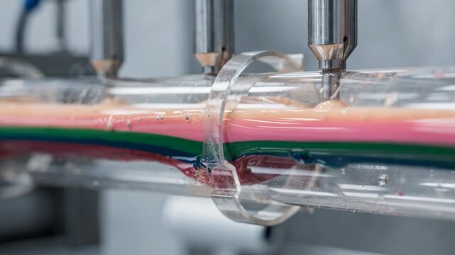 Closeup medium shot capturing liquid color masterbatch injection into base resin highlighting smooth flow and accurate pigment dosing for flawless plastic hues.