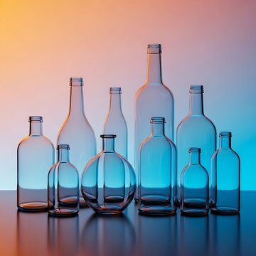 Collection of empty glass bottles on reflective surface.