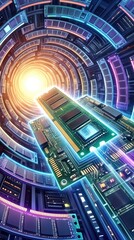 Fototapeta premium Computer memory modules moving through glowing data tunnel. High-speed processing and server infrastructure concept.