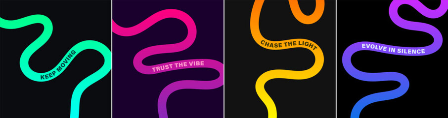 Naklejka premium Motivational Wavy Quote Posters Set. featuring colorful wavy ribbon lines on dark backgrounds with inspiring quote typography in green, pink, orange, and purple gradient styles.