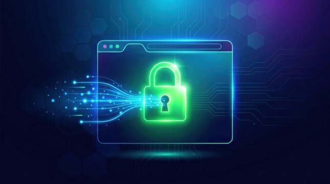 Graphic illustrates secure browsing with HTTPS featuring a padlock symbol and light trails. It emphasizes the importance of cybersecurity awareness