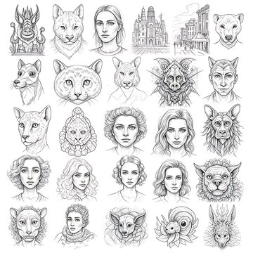 Collection of Fantasy Animal and Human Hybrid Sketches.