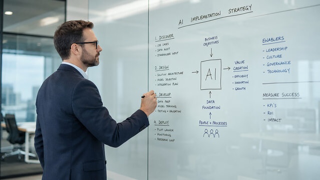 Professional business executive writing artificial intelligence implementation strategy on a large glass whiteboard