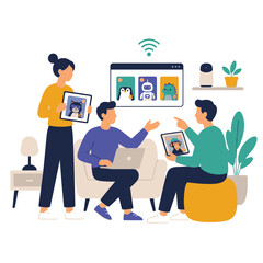 Fototapeta premium Online collaboration team using devices and wifi illustration.