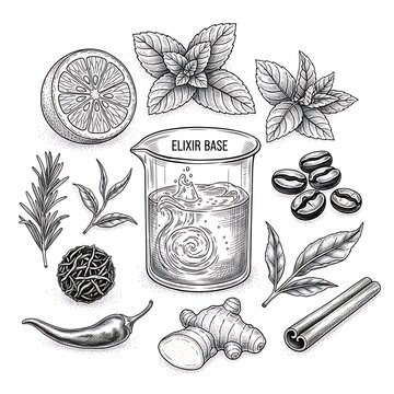 Hand Drawn Herbal Elixir Ingredients And Botanicals Illustration.