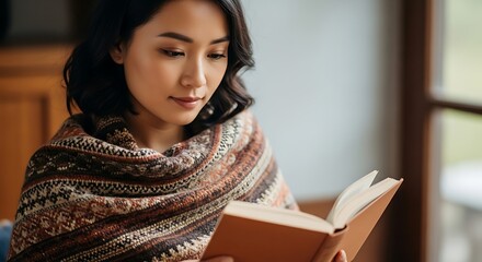 Naklejka premium Young woman in traditional patterned sweater indoors.