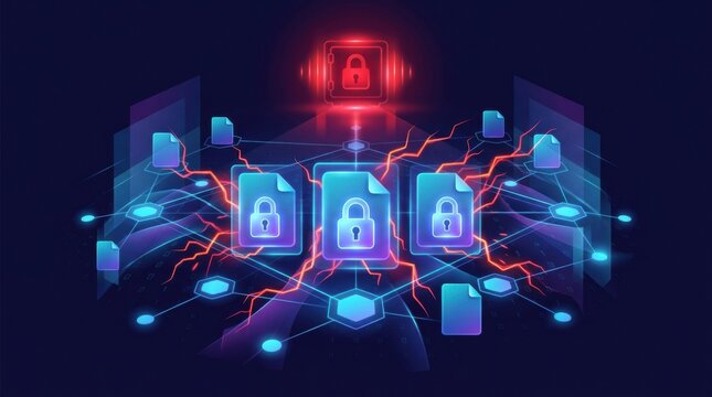 Illustration depicts a cybersecurity scene of locked files and connections under an encryption attack, stressing the need for awareness training