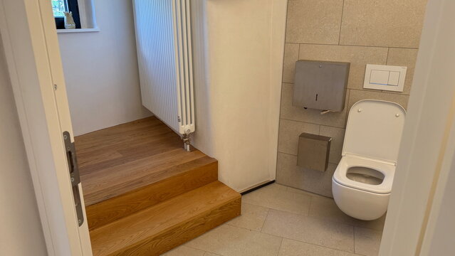 Modern minimalist restroom interior design with wooden stairs and white toilet