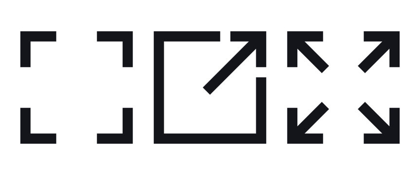 Fullscreen Expand Resize Icons Set. fullscreen and maximize icons in corner bracket, expand arrow, diagonal arrow, and resize styles. for screen, window, zoom, view mode, player, control concepts.