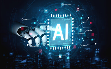 Obraz premium A generative AI assistant presents a diagram of its core capabilities. This includes its foundation in machine learning, robotics, and interactive chatbot technology. Fermion