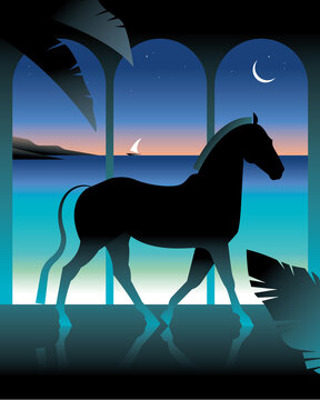 Majestic Horse Beneath Seaside Arches at Night, Dreamlike Coastal Scene