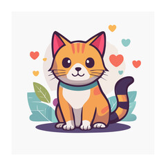 Obraz premium Cute cartoon cat with hearts and leaves