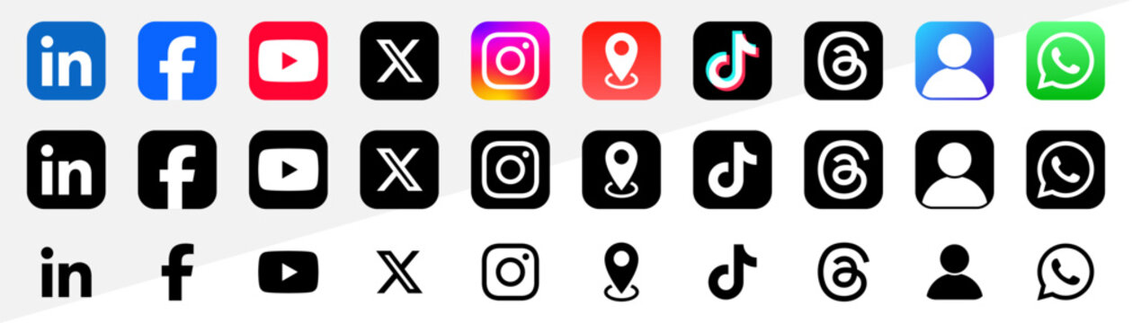 Social Media Platform Icons Set Collection. social networking logos and social media icons, including LinkedIn, Facebook, YouTube, X, Instagram, TikTok, Threads, WhatsApp, profile, and location symbol