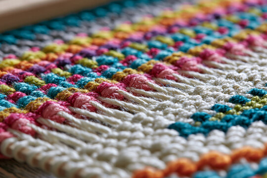 Colorful Yarn in Woven Texture: A Textile Art Showcase with Intricate Hand-Made Design for DIY Projects and Home Decor