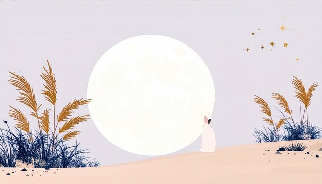 White rabbit looking at big full moon with pampas grass landscape