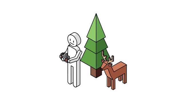 Cartoon character decorating small christmas tree with reindeer.