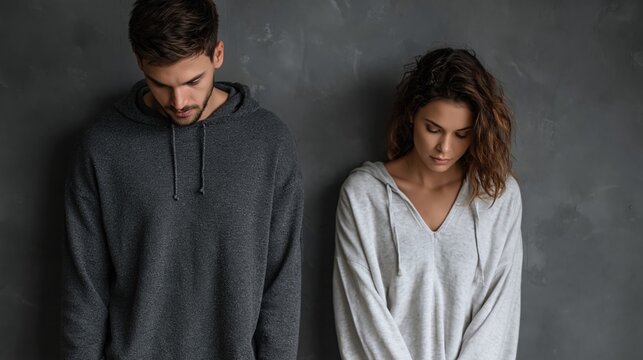 This depicts relationship problems and emotional distance between a young couple. A man and a woman, dressed in casual hoodies, stand with their heads bowed against a dark grey background.