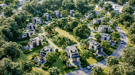 Obraz premium Aerial View of Luxury Suburban Neighborhood: Modern Eco-Friendly Houses with Landscaped Gardens and Green Spaces