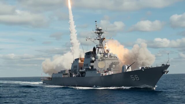 Guided missile destroyer launching surface-to-air missiles during naval exercises at sea. Panning shot following projectile ascent into cloudy sky.