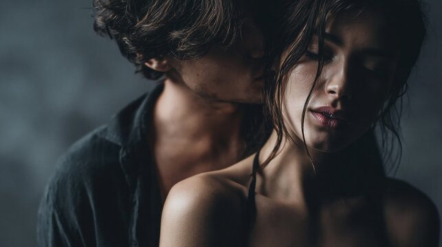 This captures a moment of deep intimacy and passion between a couple. The man is seen embracing the woman from behind, his face close to her neck, while she closes her eyes in a display of emotion.