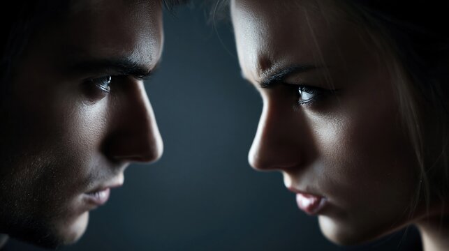 Relationship conflict and tension between a man and a woman. Their faces are shown in close up profile, staring intensely at each other with expressions of anger and frustration.