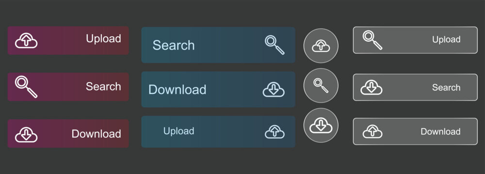 Modern UI button collection featuring login, search, upload and download elements. Stylish web interface components for apps, dashboards and digital design.