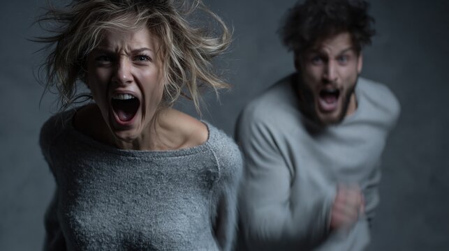A couple screams with intense fear and panic, their mouths wide open and faces contorted in distress.