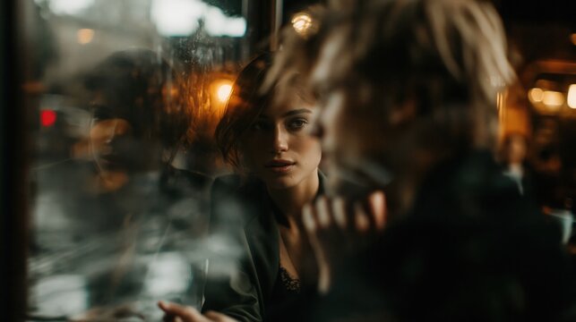This captures a woman s intense reflection in a window at night.