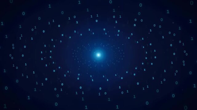 Abstract Digital Binary Code Data Stream Flowing Towards Center on Dark Blue Background