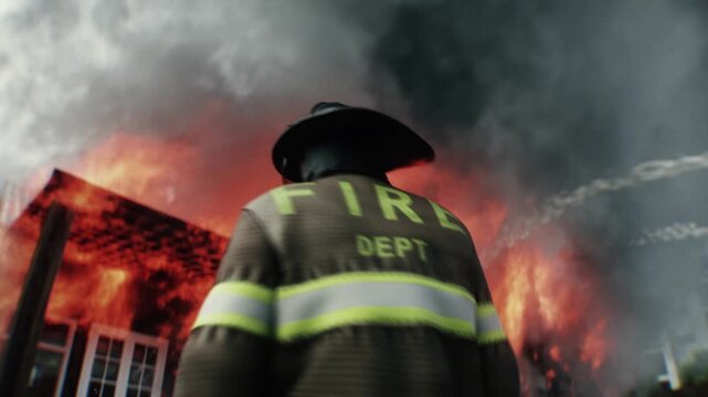 Brave Firefighter Approaching Burning House Surrounded by Flames. Realistic 4k animation.