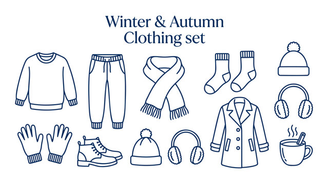 Cold Weather Apparel and Cozy Seasonal Garments Vector Icons